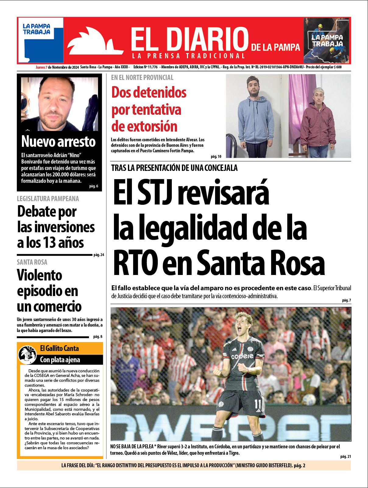 Tapa de El Diario en papel  jueves 07 de noviembre de 2024